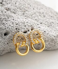 18K Gold Double D Ring Micro Inlaid Zircon Bends And Hitches Stud Earrings