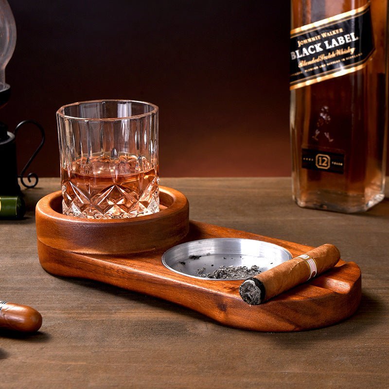 2 In 1 Wooden Ashtray Rustic Wood Whiskey Glass Cup Tray And Cigar Holder Rest Ashtray Home Office Decoration Ornaments - الصورة 2