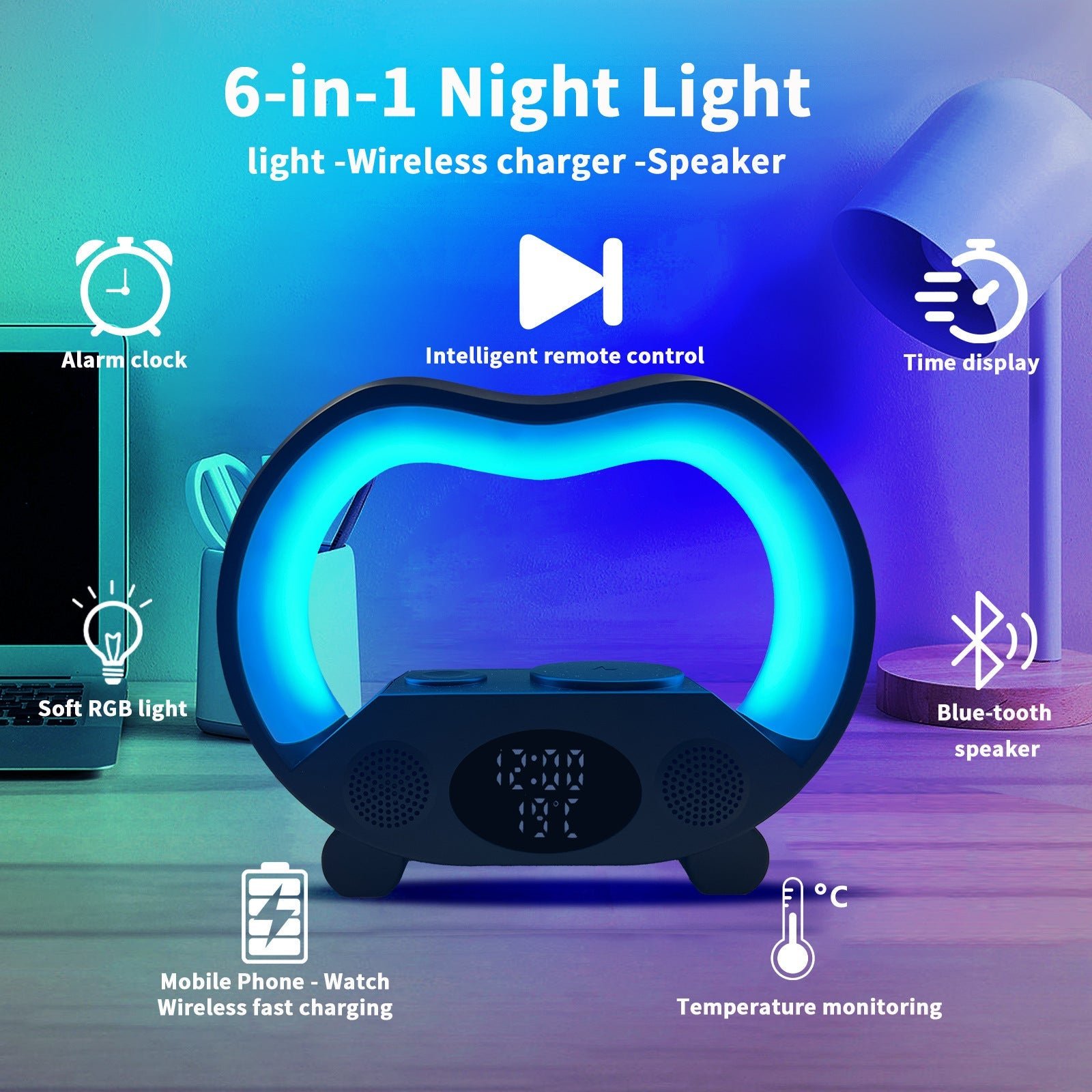 2024 New 6 In 1 Smart Remote Control Bluetooth-compatible Ambience Intelligent LED Table Lamp Multi-function Wireless Charger Night Light Bluetooth-compatible Speaker - الصورة 4
