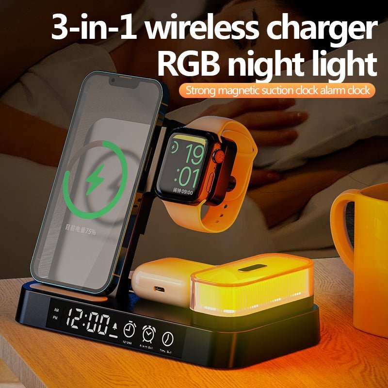 4 In 1 Multifunction Wireless Charger Station With Alarm Clock Display Foldable Wireless Charger Stand With RGB Night Light - الصورة 4