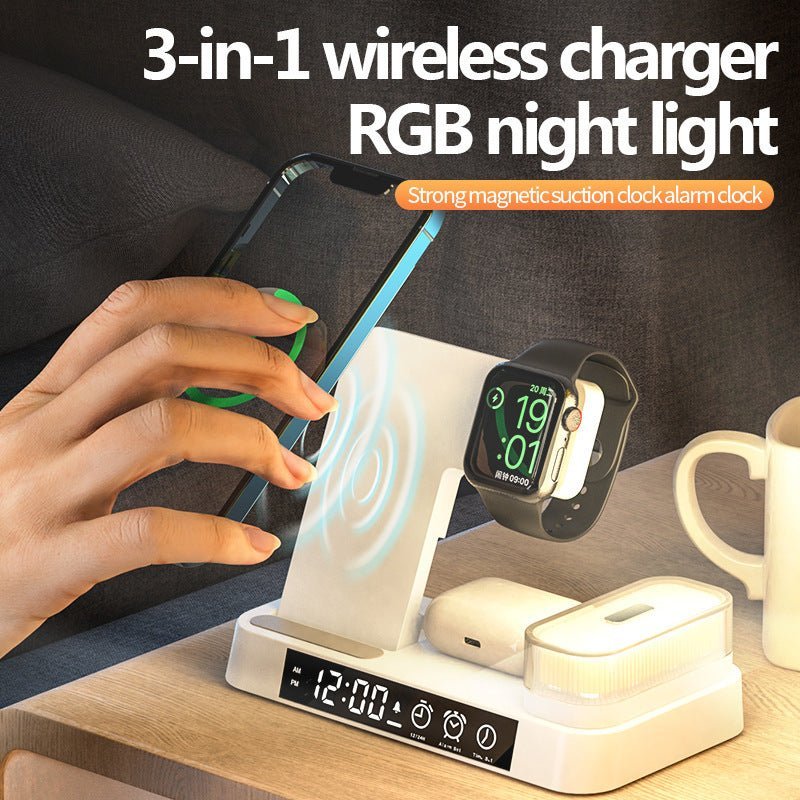 4 In 1 Multifunction Wireless Charger Station With Alarm Clock Display Foldable Wireless Charger Stand With RGB Night Light - الصورة 3
