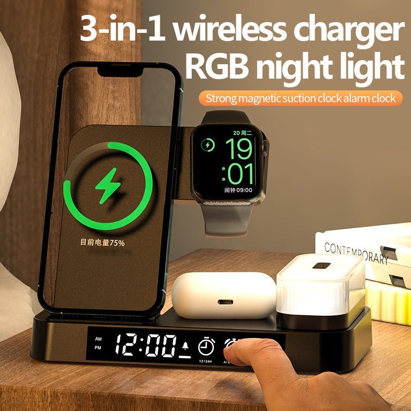 4 In 1 Multifunction Wireless Charger Station With Alarm Clock Display Foldable Wireless Charger Stand With RGB Night Light - الصورة 5