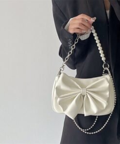 Black White PU Bow Handbags Autumn Winter Ladies Underarm Tote Bags Fashion Simple Pearl Chain Shoulder Bag Small Purse