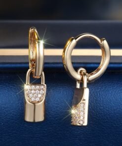 Champagne Gold Round White Diamond Lock Eardrops