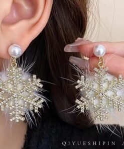 Christmas Snowflake Earrings Women's Full Diamond Pearl Plush Earrings