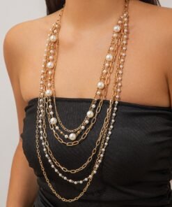 Cold Stringed Pearls Long Necklace Suit