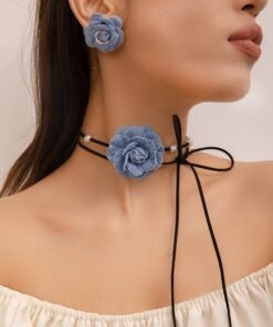 Denim Camellia Beaded Lace-up Necklace And Earrings Suite