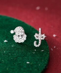 Women's Sterling Silver Asymmetric Diamond-embedded Santa Stud Earrings